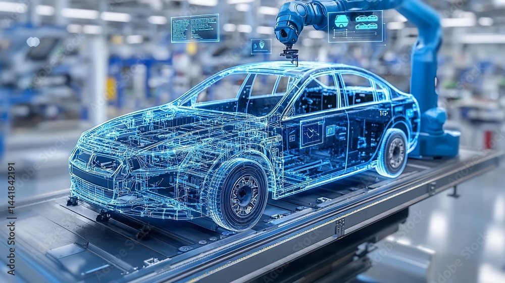 Obraz premium Automated car assembly line with robotic arm and transparent car structure overlay