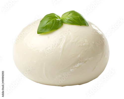 Mozzarella ball with basil garnish isolated on transparent background