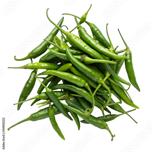 Pile of green chilies isolated on transparent background