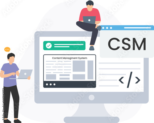 Two programmers using laptops are developing a content management system, symbolized by a big monitor displaying the cms interface and code brackets

