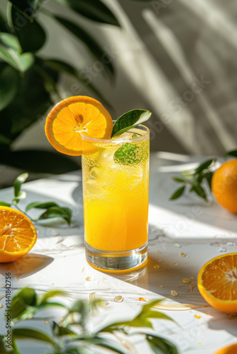 Fresh Orange Juice in Tall Glass, Garnished with Slices & Leaves, Sunlight Through, Clean White Background, 2:3