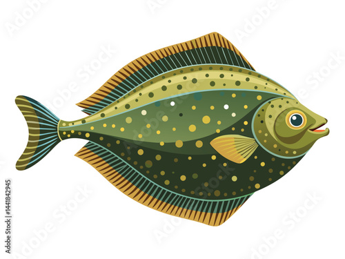 A vibrant vector illustration depicts a cartoon fish swimming underwater in the blue sea