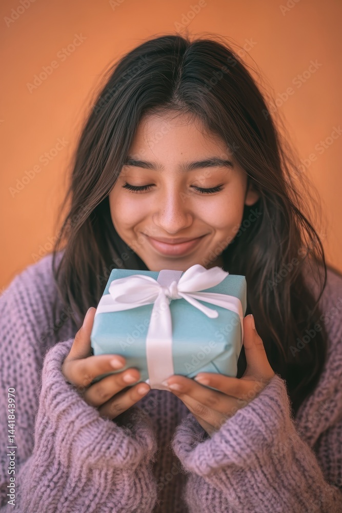 Woman smiling while holding a gift box with ribbon, celebrating special occasion, expressing joy and excitement, holiday season surprise, cozy sweater style. Woman smiling while holding a gift box with ribbon, celebrating special occasion, expressing joy and excitement, holiday season surprise, cozy sweater style.