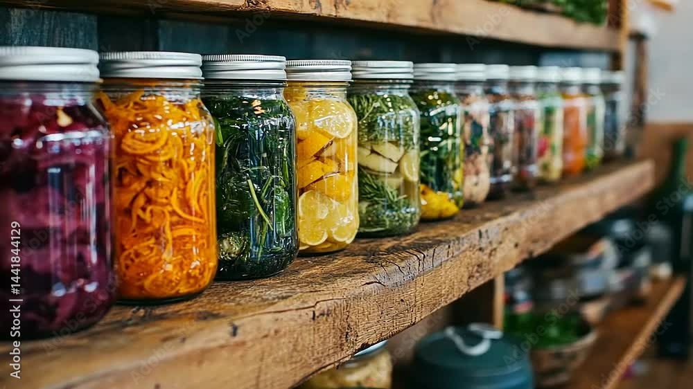 Artisanal Preserved Goods: Row of Colorful Jars Displayed on Rustic Wooden Shelf Artisanal Preserved Goods: Row of Colorful Jars Displayed on Rustic Wooden Shelf