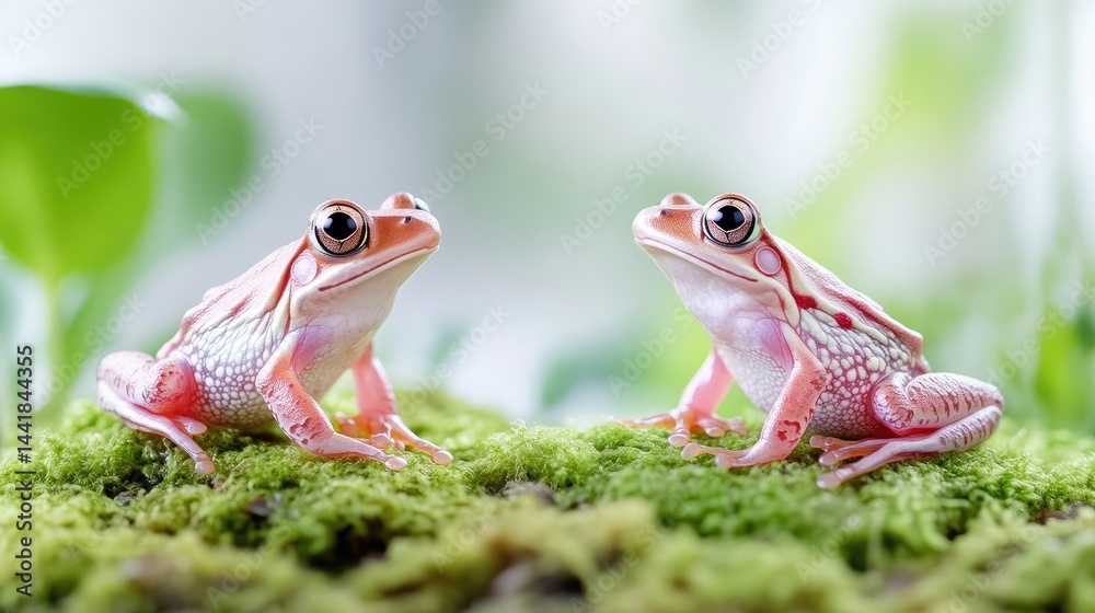 Naklejka premium Two small pink frogs sit facing each other on a vibrant green mossy surface against a soft blurred background.