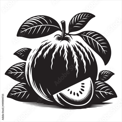 a fresh guava fruit vector silhouette, vector black color silhouette, isolated white background 