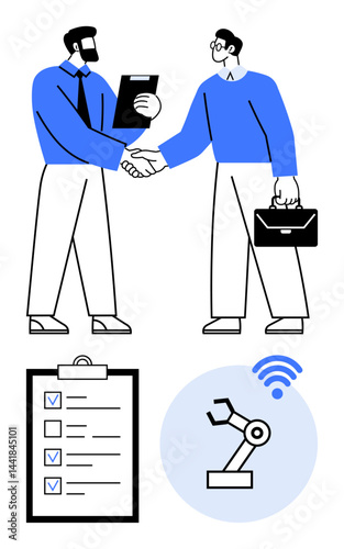 Two professionals shaking hands, one holding a clipboard, the other with a briefcase. Includes a checklist and robotic arm with wireless connectivity. Ideal for business collaboration, teamwork