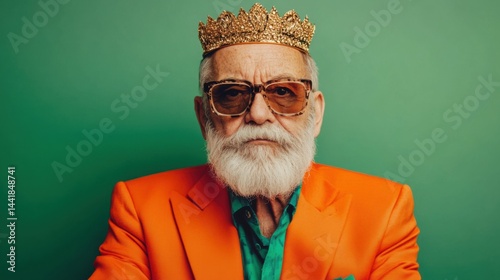 Portrait of funky eccentric grandfather golden crown wear orange suit isolated on green color background