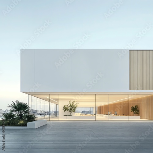 Modern architectural design with large glass windows and wooden accents