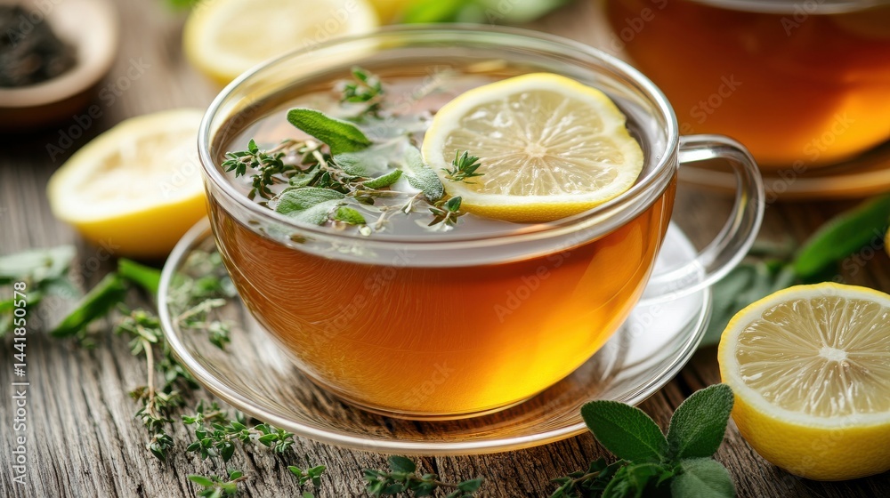 Refreshing herbal tea with lemon and thyme on rustic wooden table Refreshing herbal tea with lemon and thyme on rustic wooden table