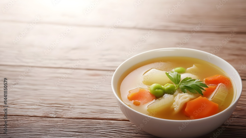 A comforting bowl of homemade chicken and vegetable soup with carrots, potatoes, celery, and peas is placed on a rustic wooden table with soft natural light. A comforting bowl of homemade chicken and vegetable soup with carrots, potatoes, celery, and peas is placed on a rustic wooden table with soft natural light.
