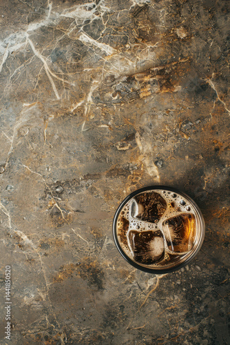 Iced Americano in Clear Glass, Condensation Droplets, Dark Espresso Over Ice, Minimalist Marble Table, Top View, 2:3