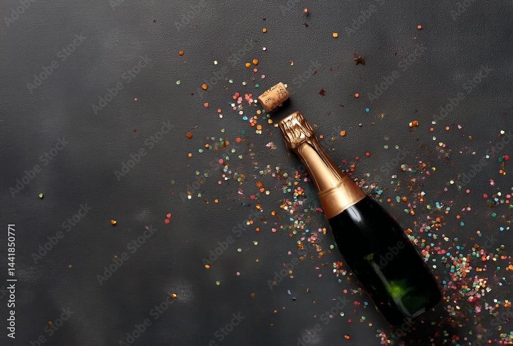 Fototapeta premium Champagne bottle with colorful confetti on dark background, flat lay top view composition symbolizing celebration, luxury, festivity, and party atmosphere with copy space