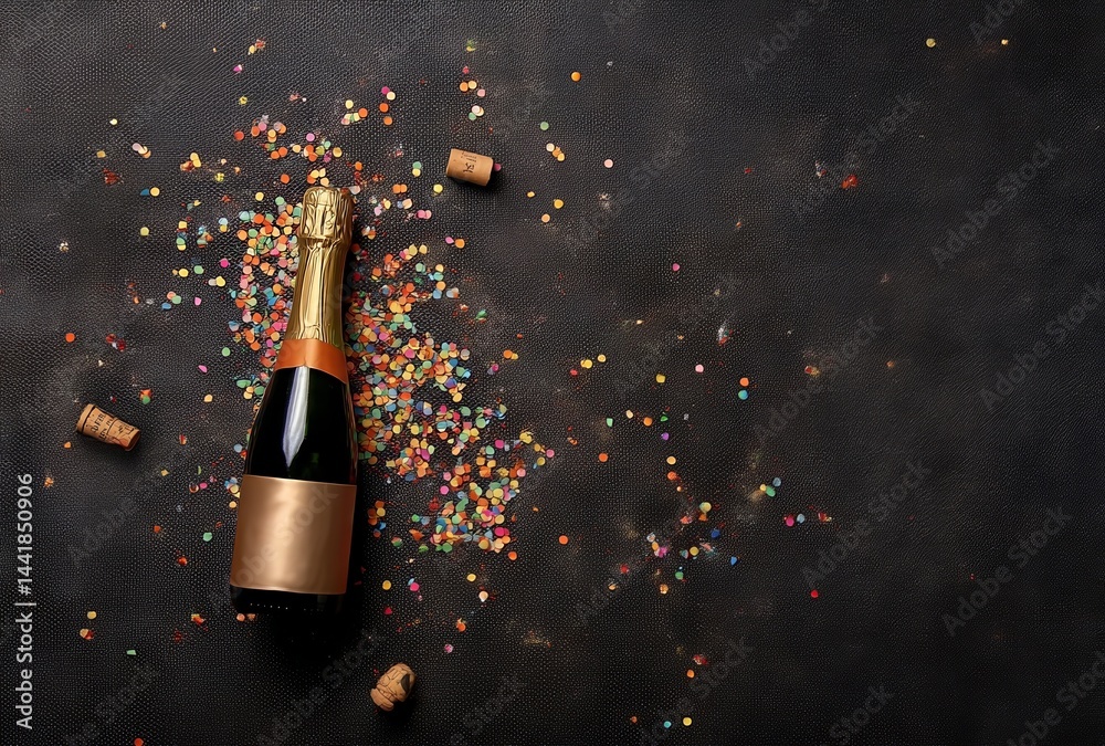 Fototapeta premium Champagne bottle with colorful confetti on dark background, flat lay top view composition symbolizing celebration, luxury, festivity, and party atmosphere with copy space