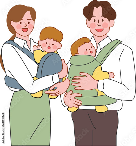Happy Family with Two Babies in Baby Carriers

