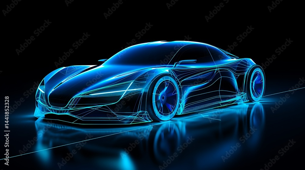 Fototapeta premium Glowing futuristic sports car front view with digital wireframe and lights 