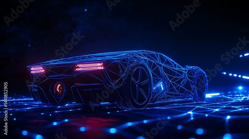 Fototapeta Naklejka Na Ścianę i Meble -  Futuristic glowing sports car rear view with digital wireframe design
