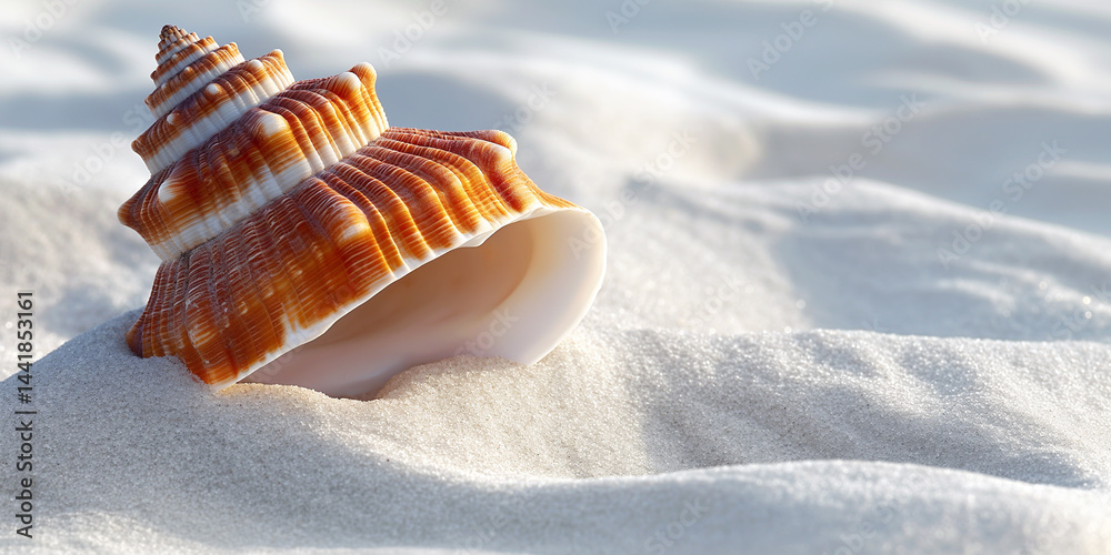 Single seashell resting on white sand in left corner with vast empty space to the right