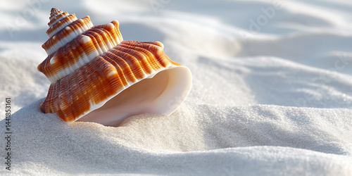 Obraz na płótnie Single seashell resting on white sand in left corner with vast empty space to the right w salonie