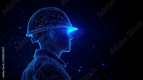 Futuristic digital construction worker in helmet made of glowing blue lines and network particles on dark background
