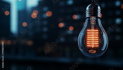 Illuminated filament bulb, glowing warmly against a dark city backdrop