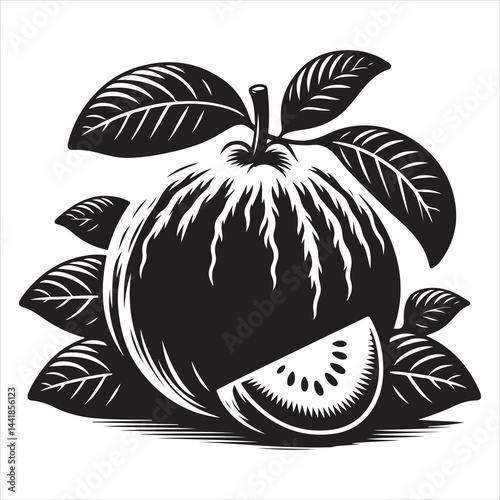a fresh guava fruit vector silhouette, vector black color silhouette, isolated white background 