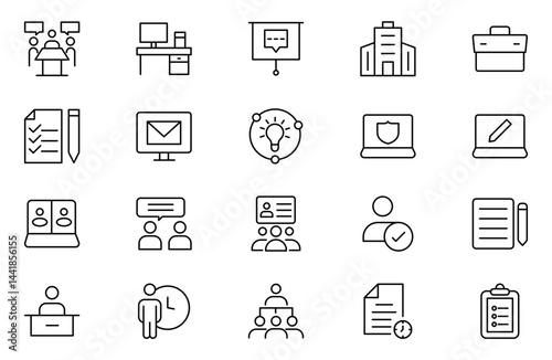 Teamwork linear icons collection. Set of coworking space icons. Business teamwork, team building, work group, and human resources minimal thin line web icon set.