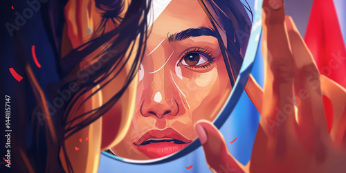 Obraz na płótnie Artistic representation of self-doubt and insecurity, featuring a person and a distorted mirror as a metaphor for inner conflicts w salonie