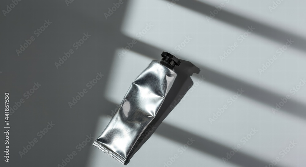 Metallic tube on minimalist background with shadows Metallic tube on minimalist background with shadows
