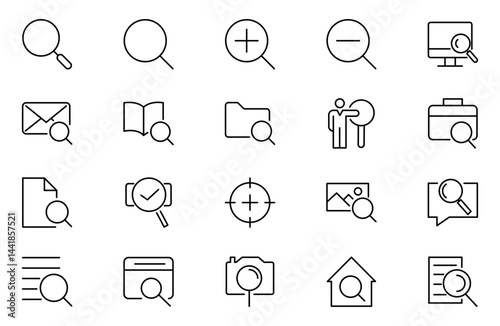 Zoom outline icon set. Search, out, in, search magnifiers, screen, fullscreen, page, video, minimize and maximize icon set. Editable Stroke