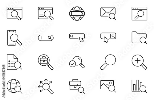 Search outline line icon set. Zoom, binoculars, find document, magnify glass, web, browse, digital marketing, data analysis and Artificial Intelligence icon set.