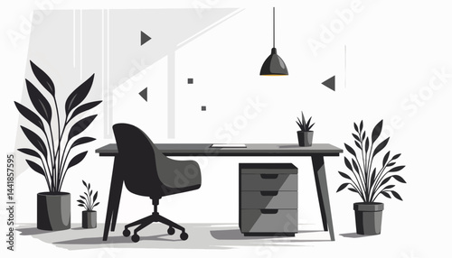 Modern office workspace design with geometric elements, organized creativity
