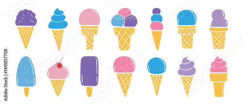 cute ice cream various set. Hand drawn cartoon ice cream colored trendy collection. ice cream clipart illustration
