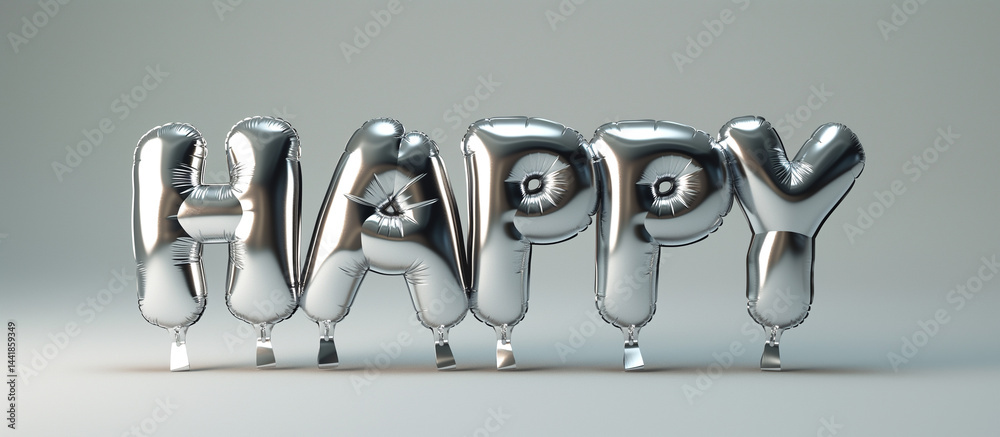 Sleek metallic balloon letters spell ‘Happy’ on a smooth grey backdrop for refined celebration