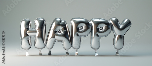 Obraz na płótnie Sleek metallic balloon letters spell ‘Happy’ on a smooth grey backdrop for refined celebration w salonie