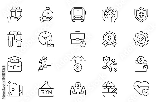 Employee Benefits Line Icon Set. Company, Employee, Salary, Pay Raise, Meal Break