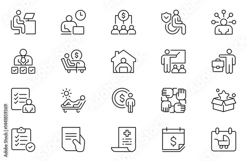Employee Benefits Line Icon Set. Company, Employee, Salary, Pay Raise, Meal Break