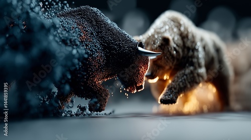 Wallpaper Mural Dynamic 3D rendering of a stylized bull and bear colliding in a powerful head-to-head confrontation made of particles, symbolizing stock market conflict Torontodigital.ca