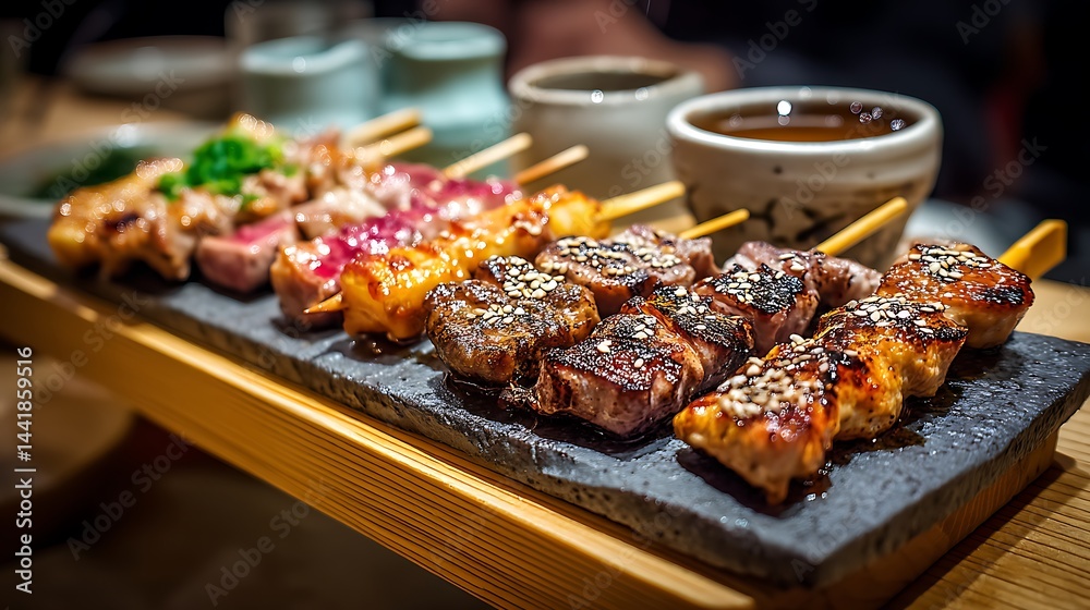 A platter of yakitori skewers, perfectly grilled and glistening, served with a side of tare sauce in a lively Tokyo izakaya, embodying the vibrant spirit of Japanese street food. A platter of yakitori skewers, perfectly grilled and glistening, served with a side of tare sauce in a lively Tokyo izakaya, embodying the vibrant spirit of Japanese street food.