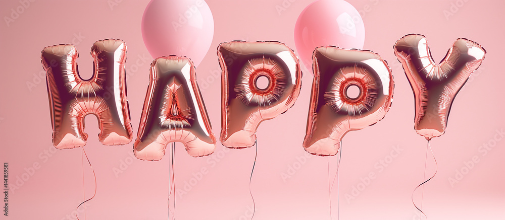 ‘Happy’ floats in rose-gold balloon letters over a soft pink backdrop for an elegant statement