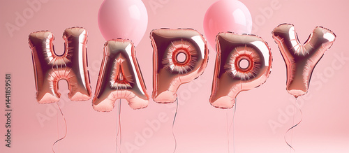 Obraz na płótnie ‘Happy’ floats in rose-gold balloon letters over a soft pink backdrop for an elegant statement w salonie
