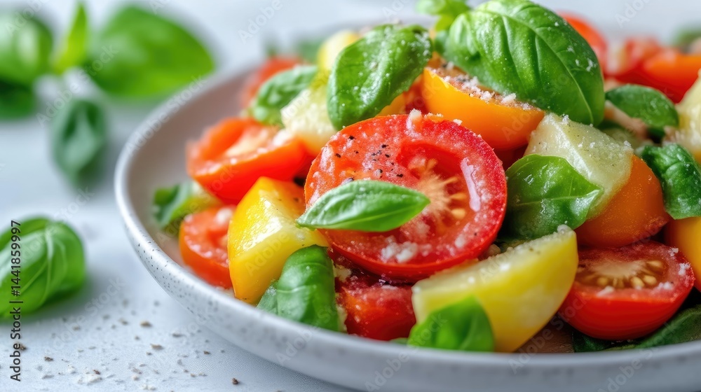 Vibrant summer salad featuring colorful tomatoes, potatoes, and fresh basil Vibrant summer salad featuring colorful tomatoes, potatoes, and fresh basil