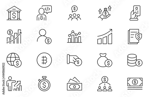 Finance line icons set. Money payments elements outline icons collection. Payments elements symbols. Currency, money, bank, cryptocurrency, check, wallet, piggy, balance, safe - stock vector.