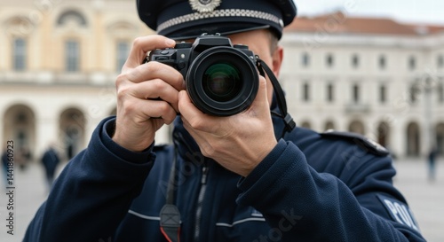 Caucasian male police officer photographing in urban setting