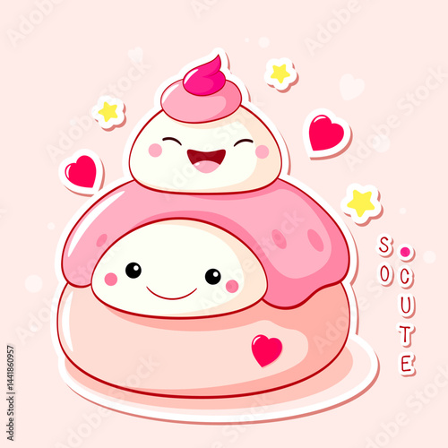 A square card featuring a delightful dessert in charming kawaii style. Traditional Chinese  mantou buns. Inscription So cute. Can be adapted for use t-shirt print, sticker, greeting card. Vector EPS8