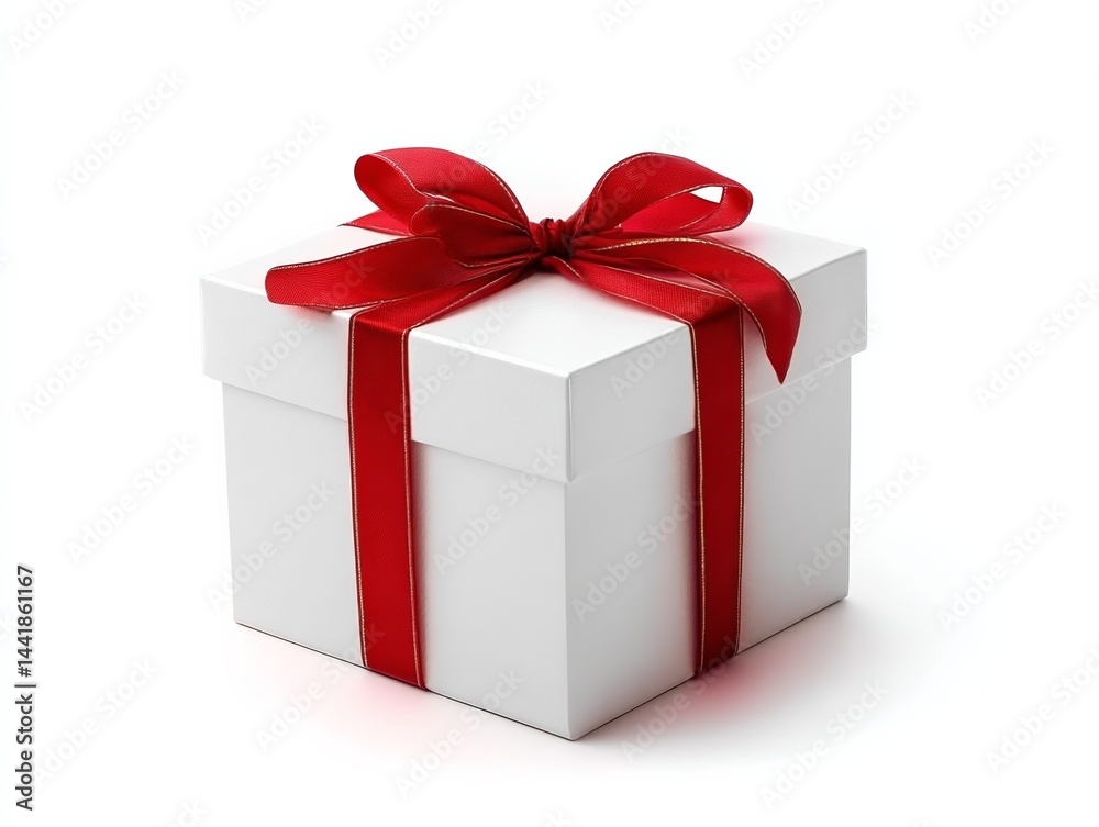 Fototapeta premium White gift box with red ribbon on white background, high-resolution photorealistic design, perfect for holiday and celebration use.