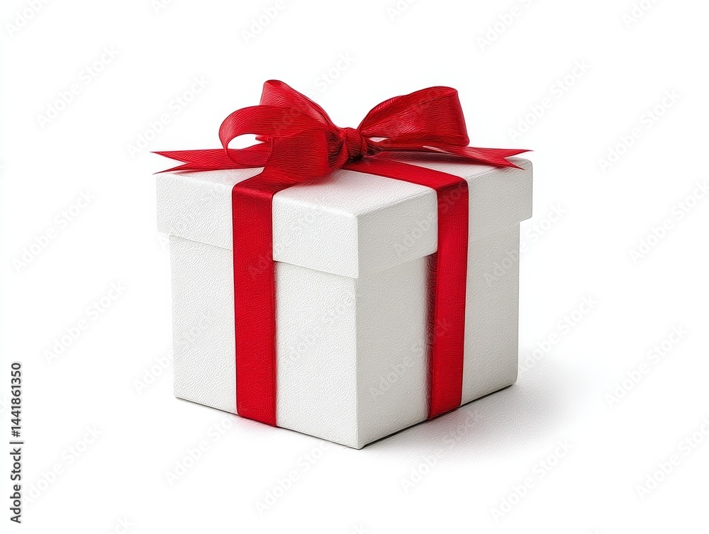 White gift box with red ribbon on white background, high-resolution photorealistic design, perfect for holiday and celebration use. White gift box with red ribbon on white background, high-resolution photorealistic design, perfect for holiday and celebration use.