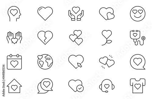 Volunteer line icons set. Charity and Volunteering thin line style of philanthropic icons: almsgiving, helping those in need, donation, contribution, humanism, altruism