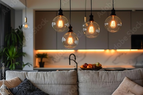 Pendant lights hanging on ceiling in modern kitchen and cushions arranged on sofa in living room