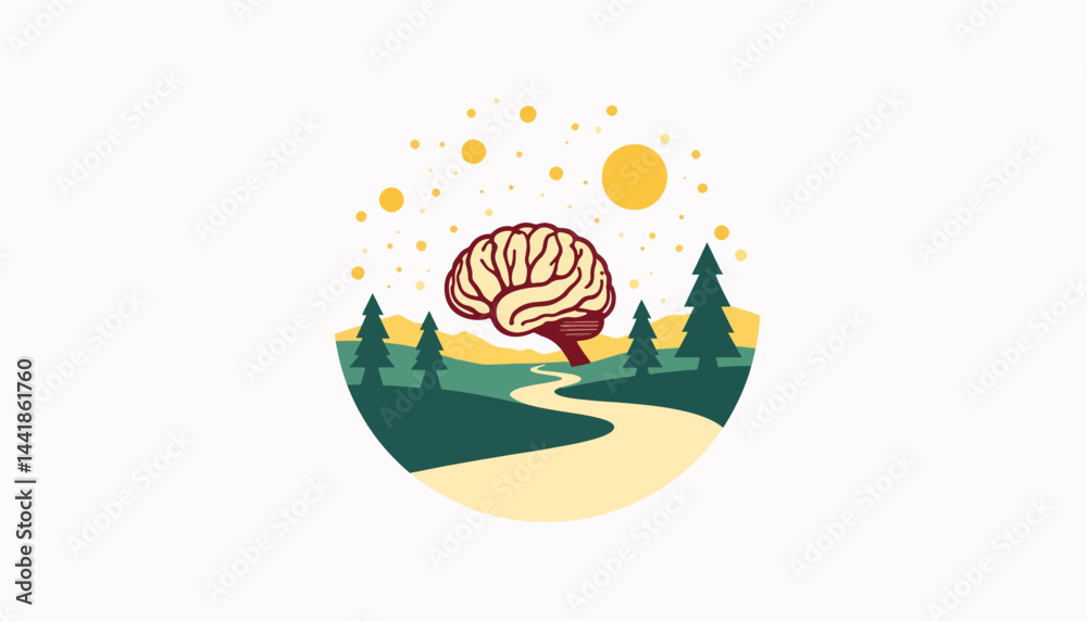 Fototapeta premium Abstract brain in geometric landscape with winding path, creative thinking